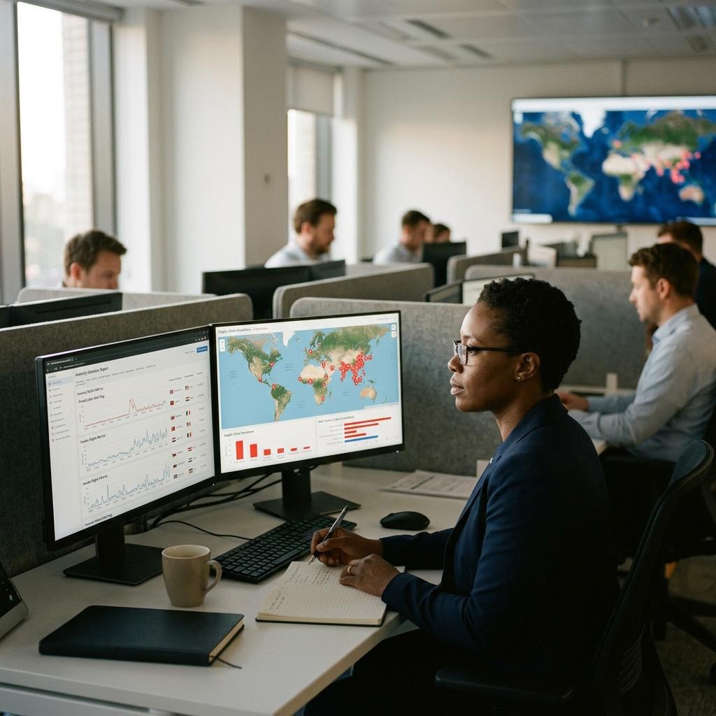 Analyst reviewing anomaly detection dashboards on dual monitors