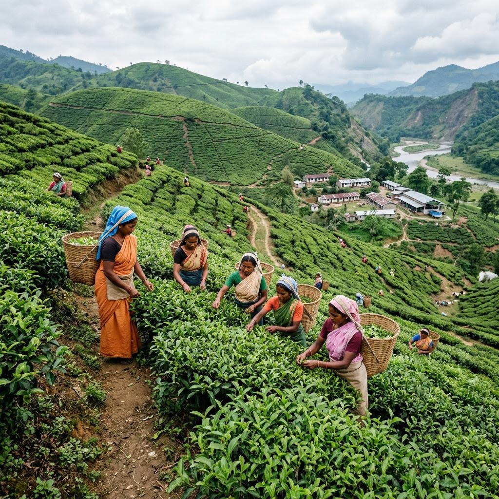 Tea pickers working on plantation hillsides in Assam