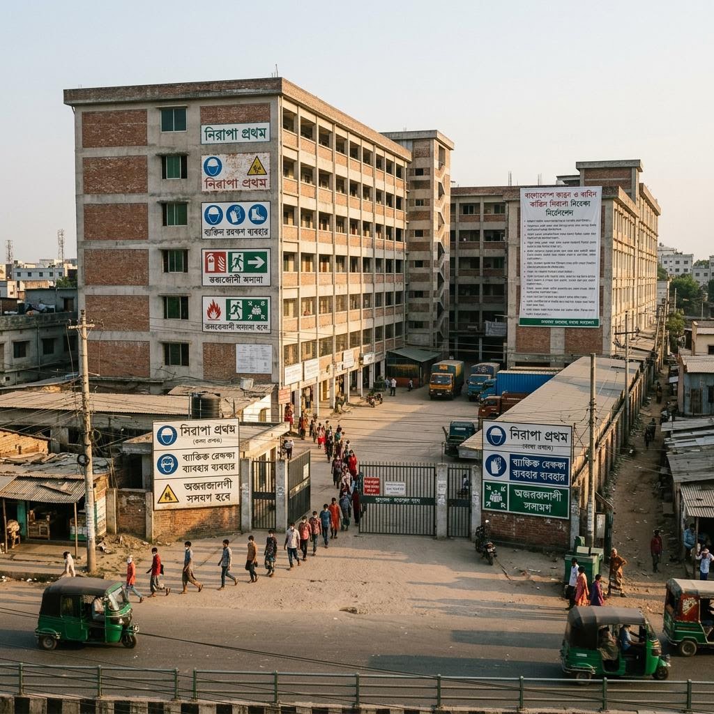 Garment factory buildings in Dhaka with safety signage