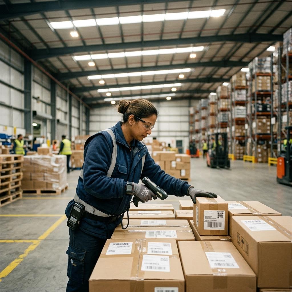 Warehouse worker scanning coded shipment labels