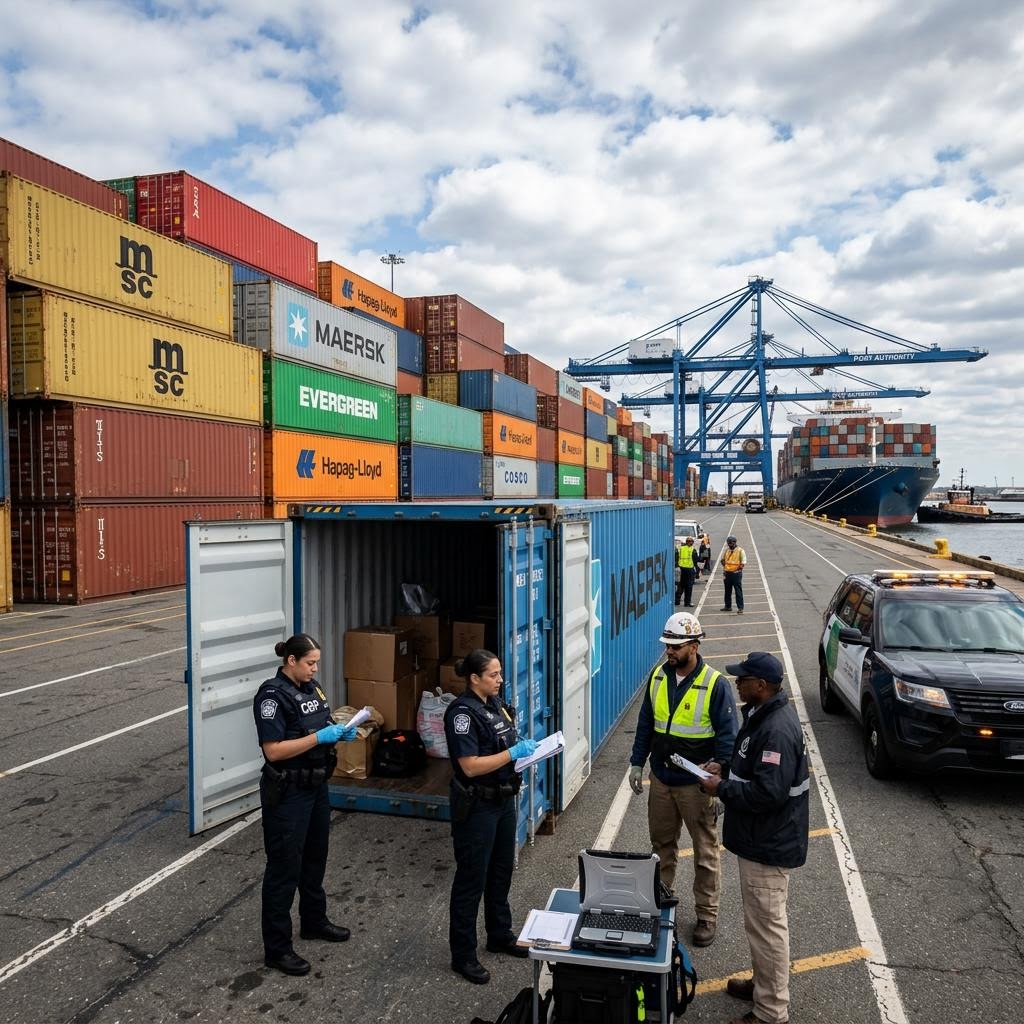 Shipping containers stacked at a US port under inspection