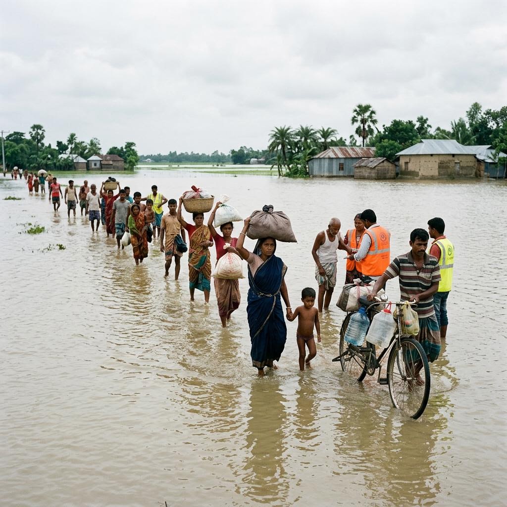 Displaced families moving along a flooded rural road