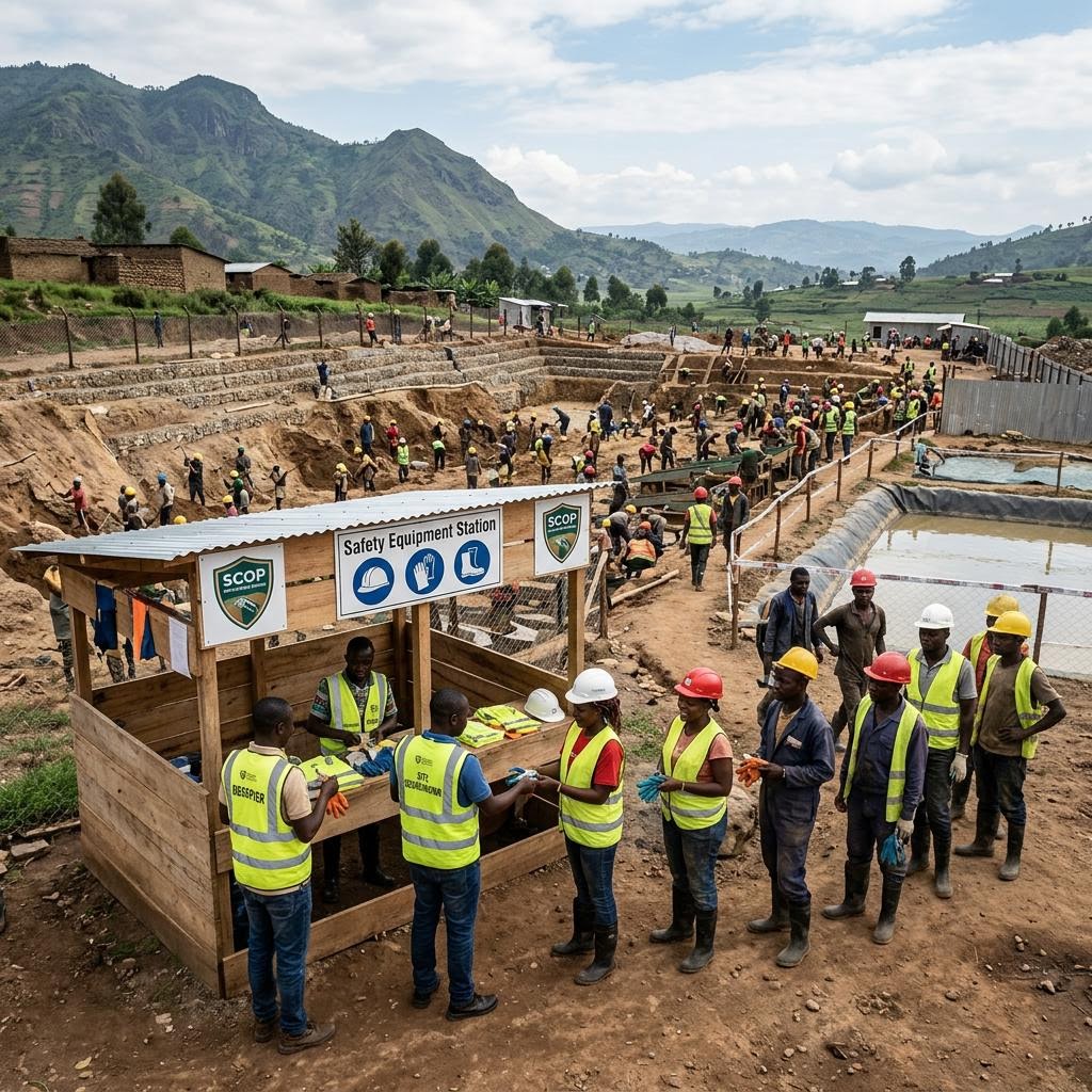 Monitored artisanal mining site with safety equipment stations