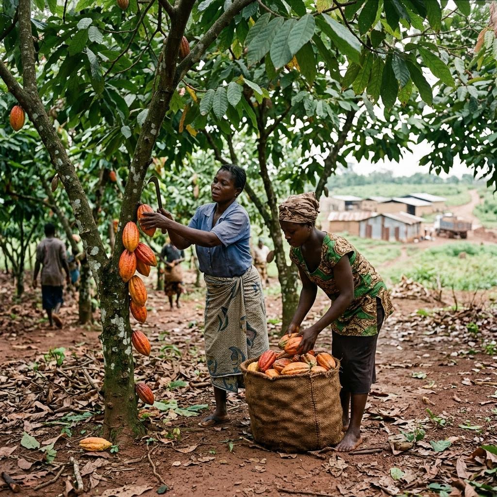 Cocoa pods being harvested on a West African farm