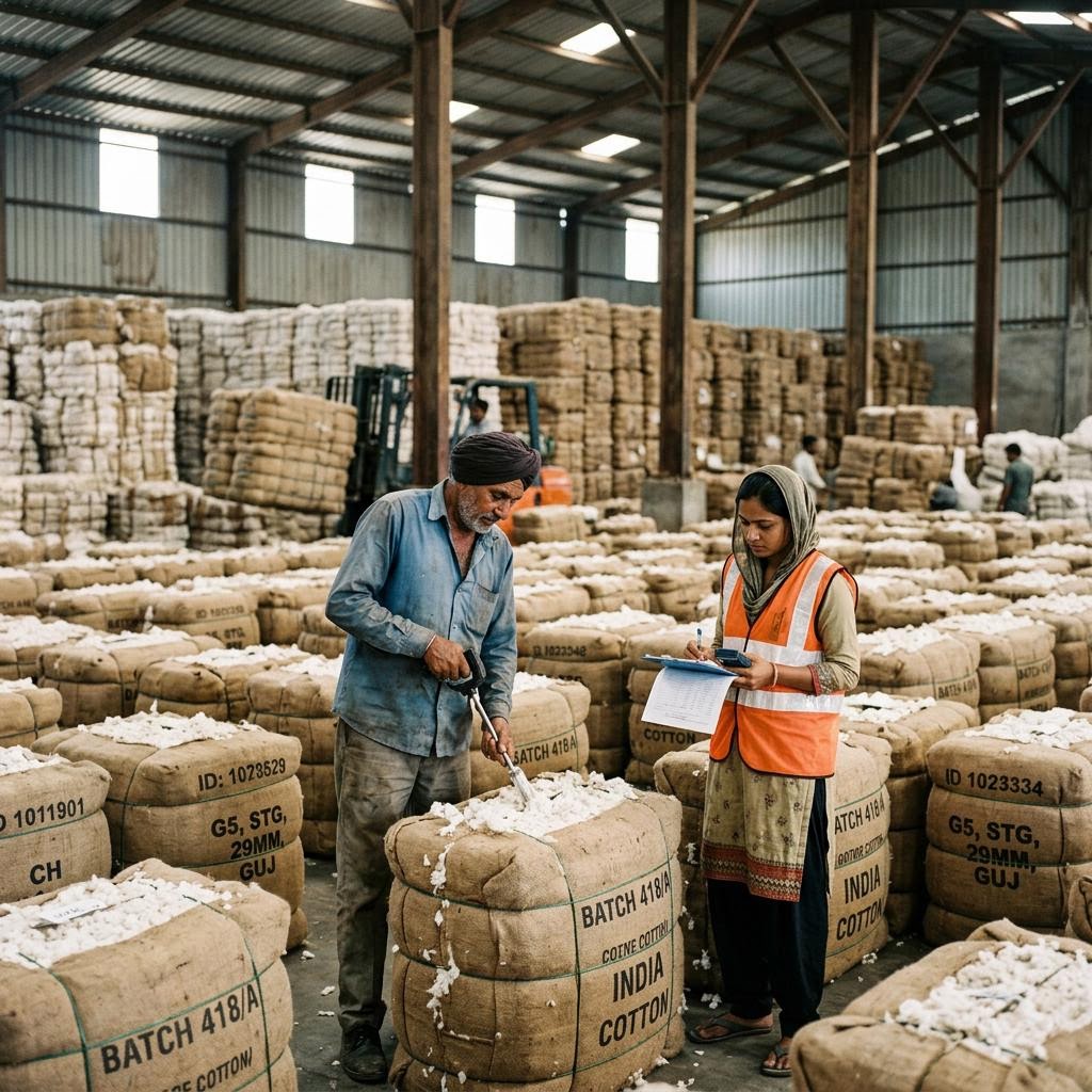 Raw cotton bales in a warehouse awaiting testing