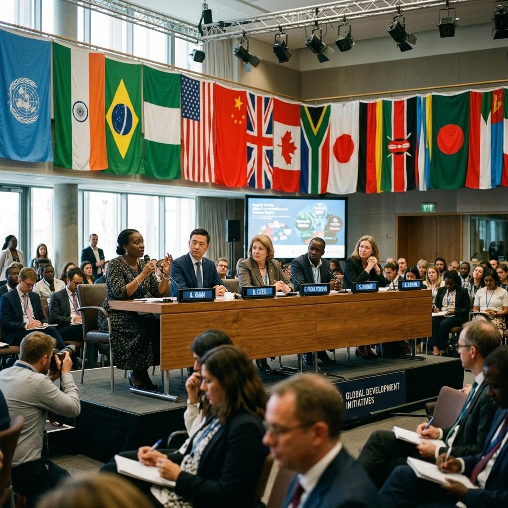 Global development conference panel before world flags