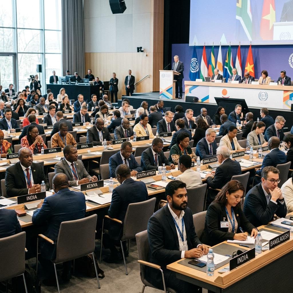 Delegates at an international labour conference hall