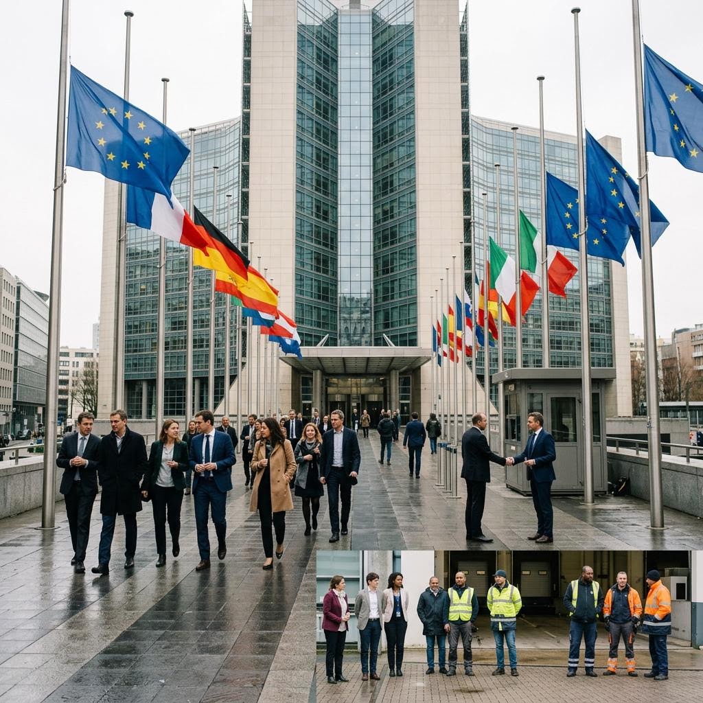 European Union flags outside a commission building