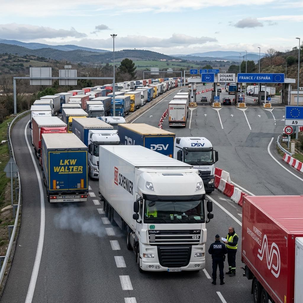Cargo trucks queued at a European border crossing