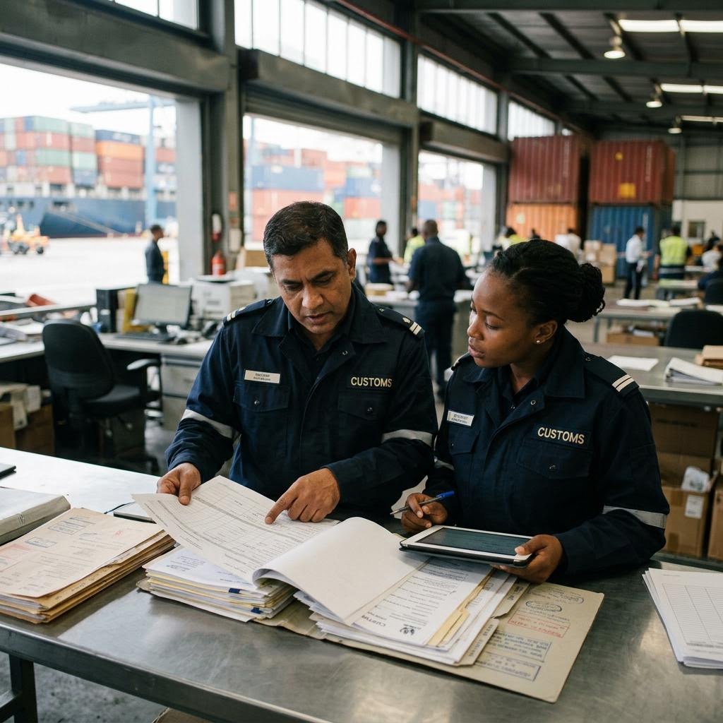 Customs officers reviewing shipping documentation together