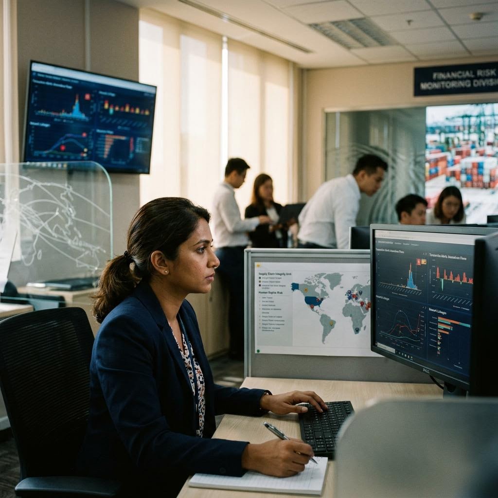 Financial analyst monitoring transaction pattern alerts