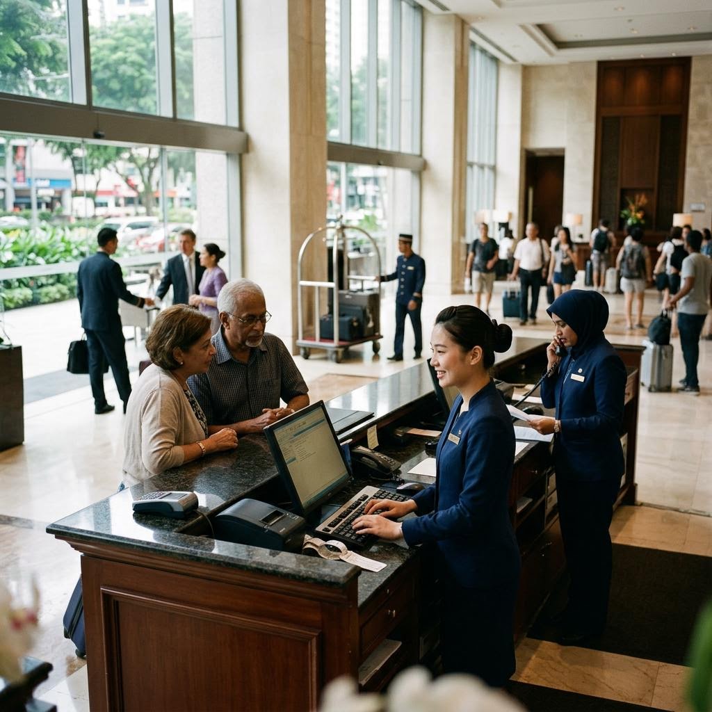 Hotel lobby with staff at the front desk