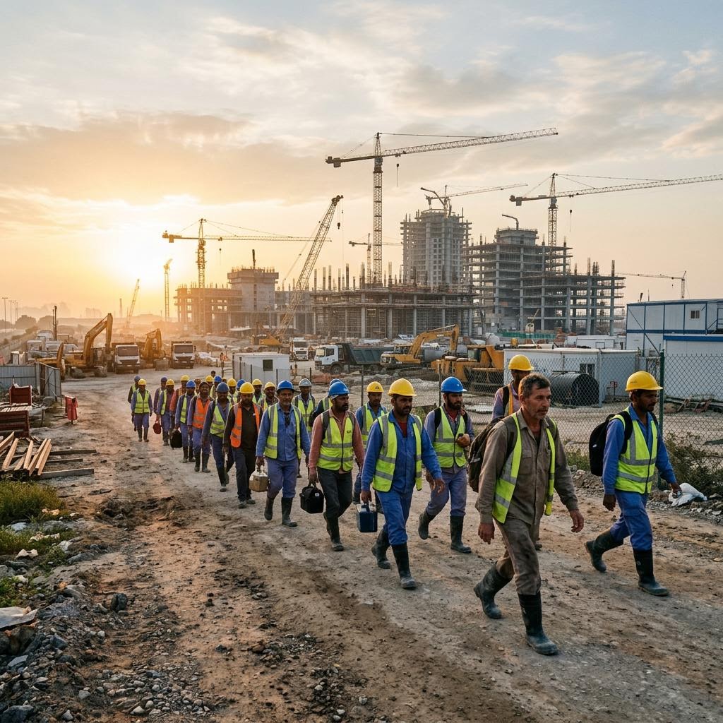 Migrant workers walking to a construction site at sunrise