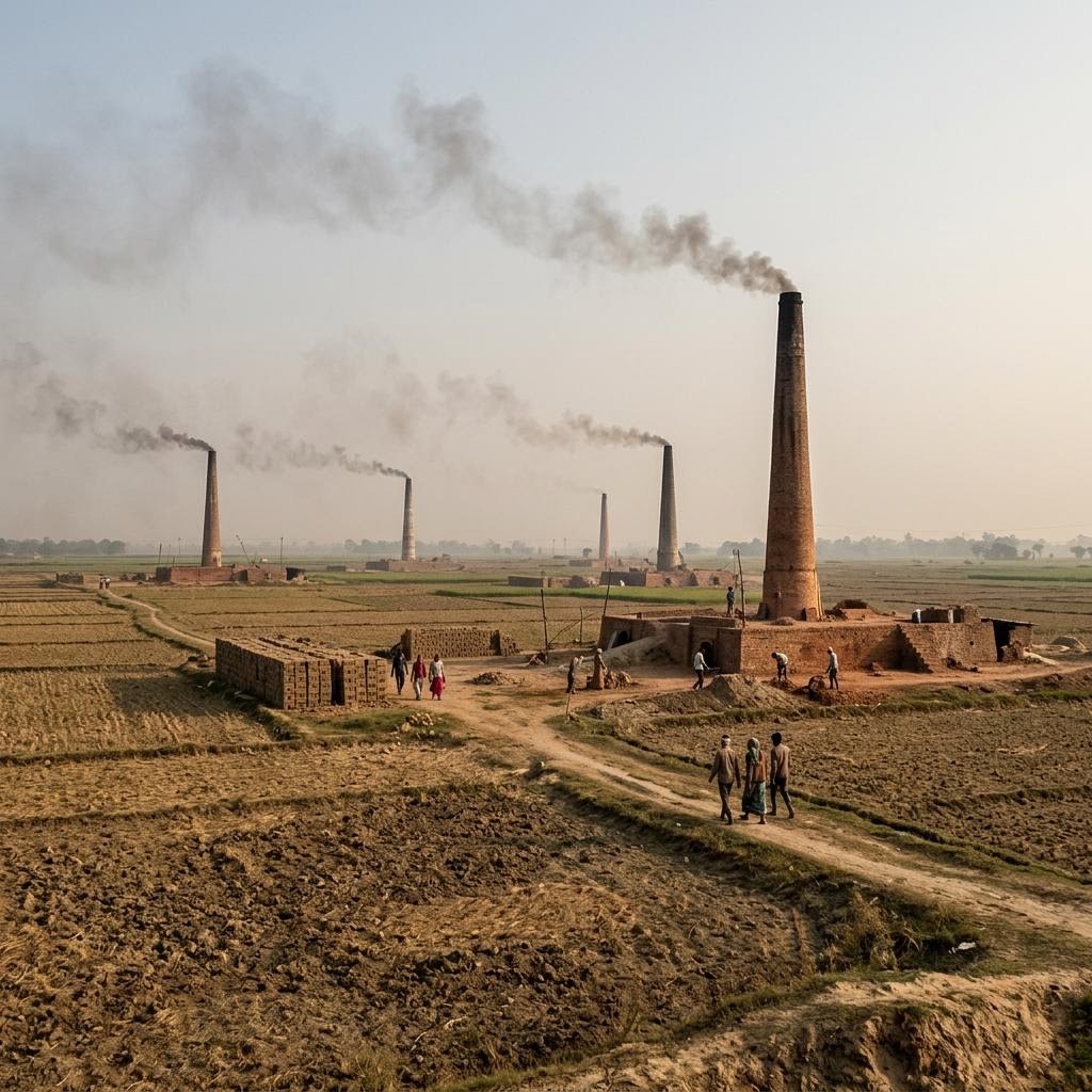 Brick kiln chimneys rising over fields in northern India
