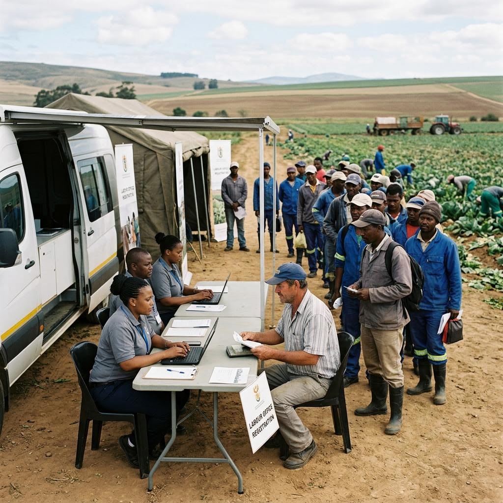 Agricultural workers registering at a mobile labour office