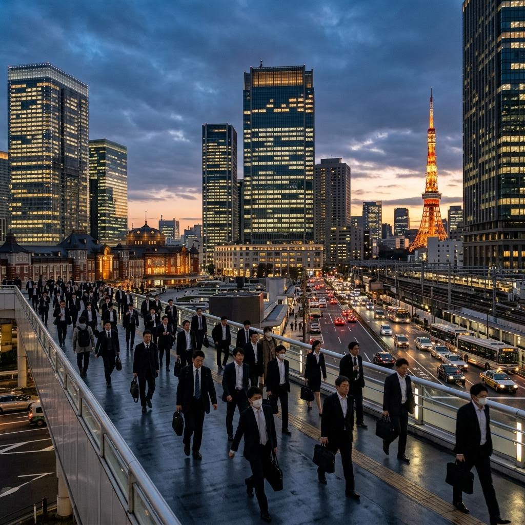 Tokyo business district skyline at dusk