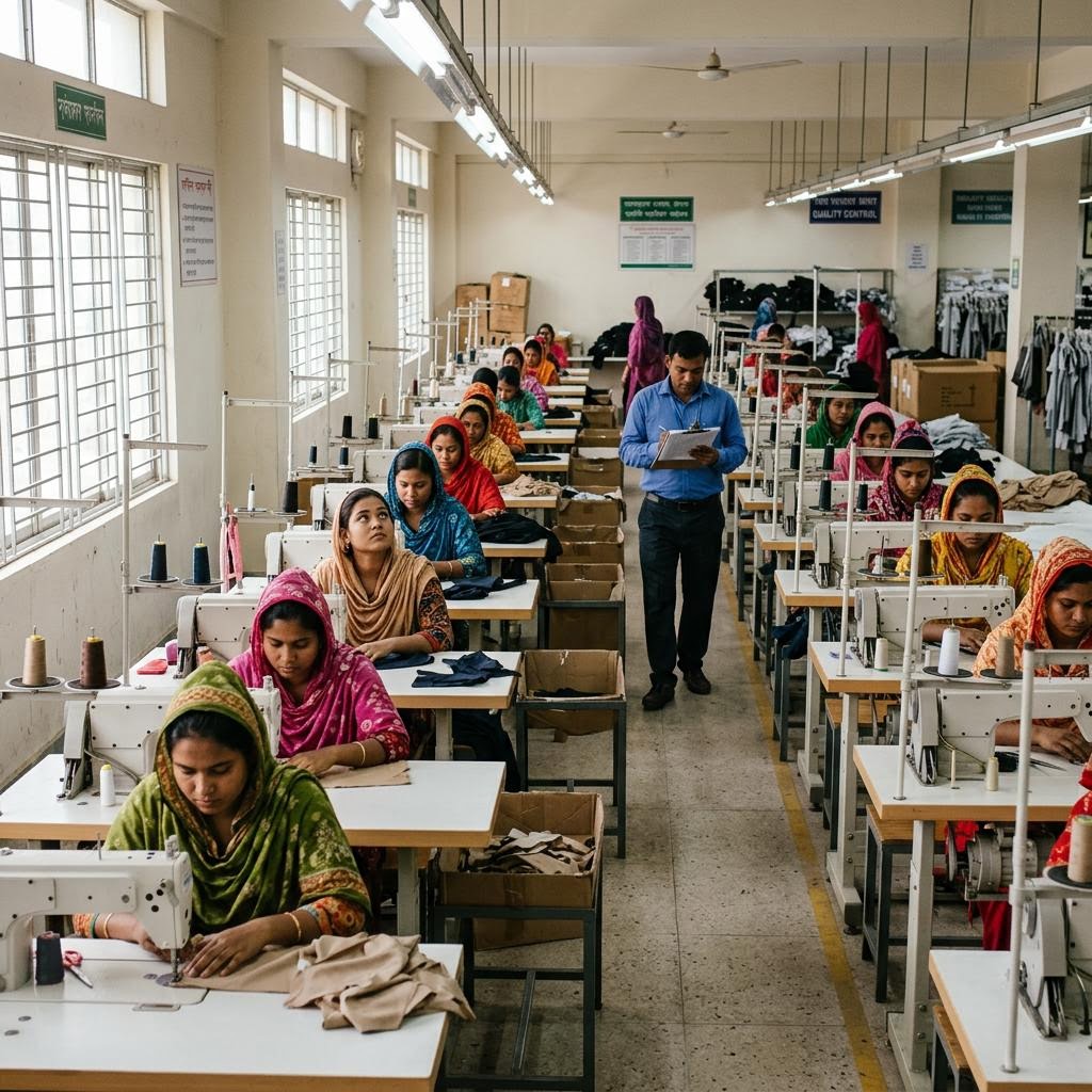 Garment workers at sewing stations in a bright factory