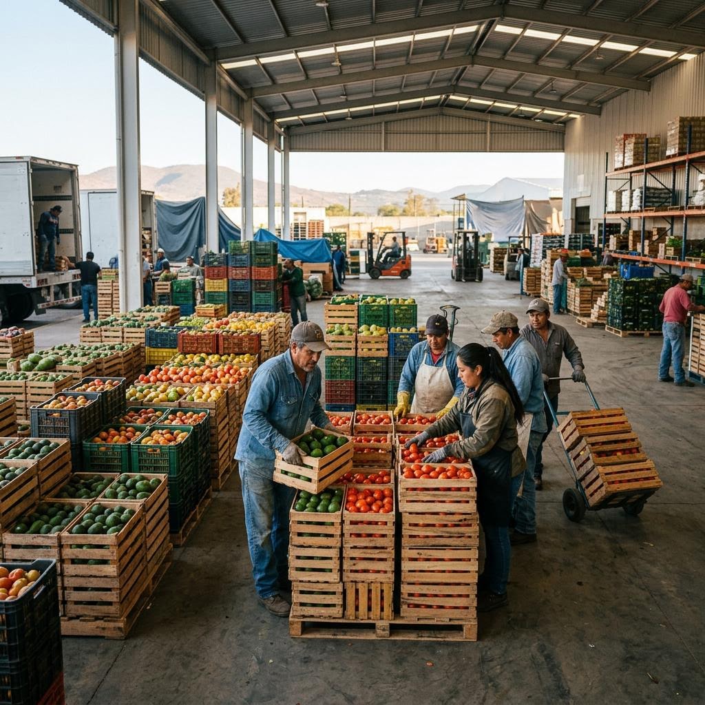 Fresh produce crates at a Mexican distribution centre