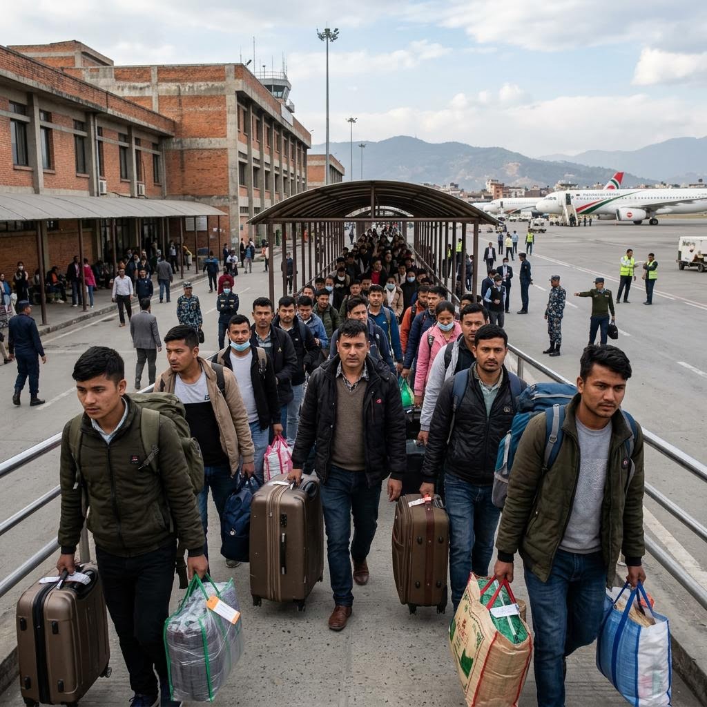Departing workers at Kathmandu airport with luggage