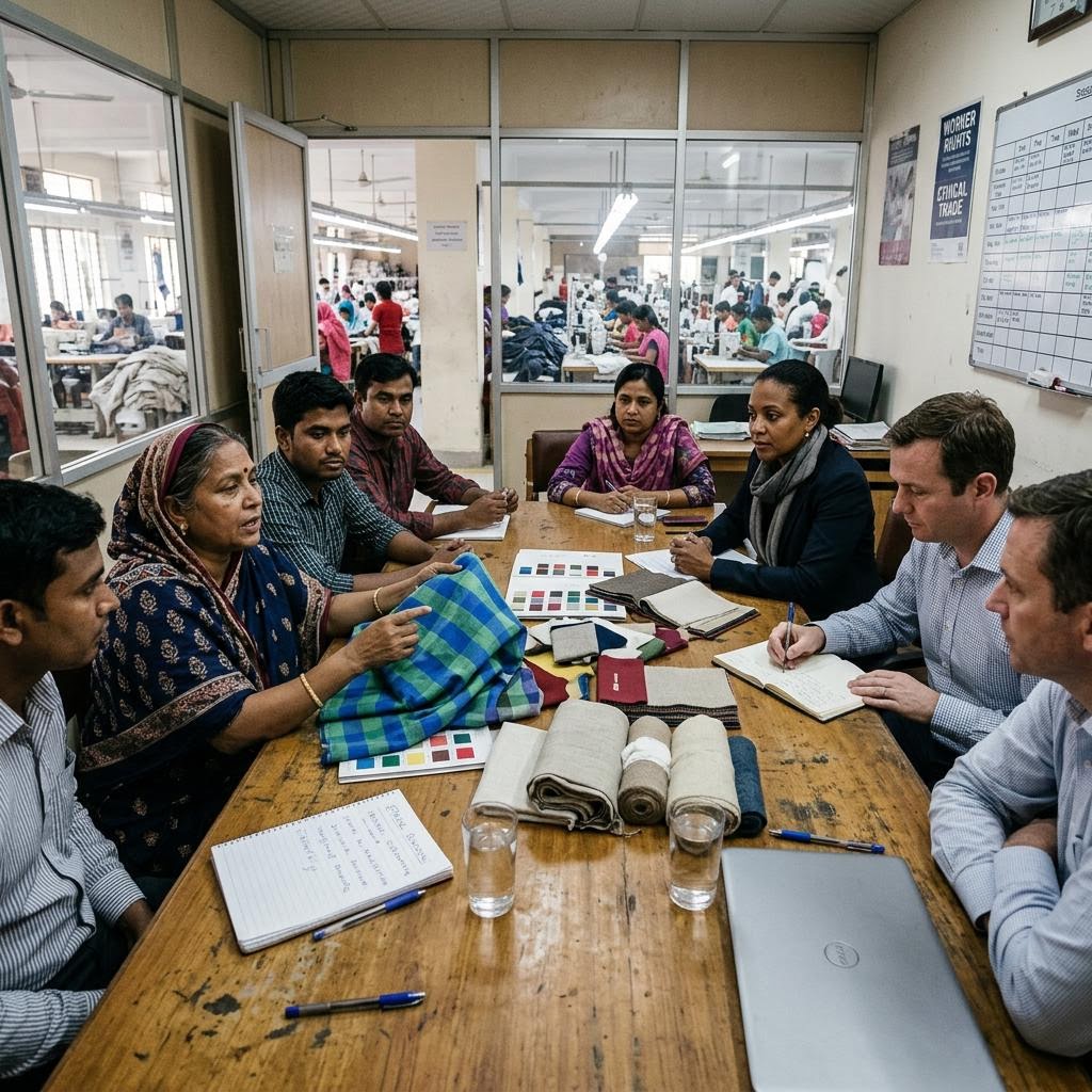 Business negotiation across a table with fabric samples