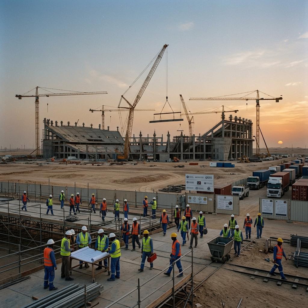 Stadium construction cranes on a desert skyline