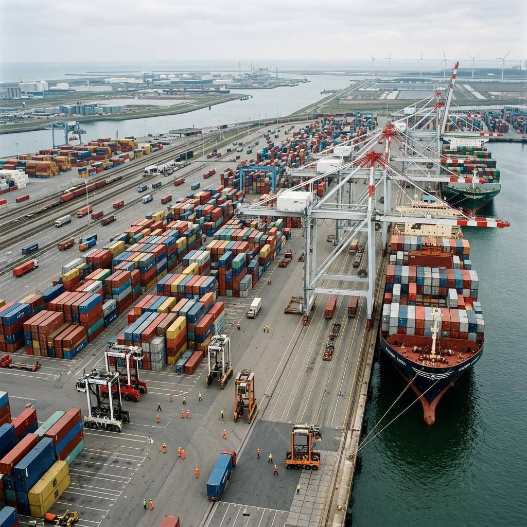 Aerial view of Rotterdam port container terminals