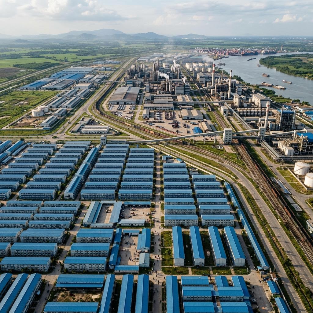 Satellite view of an industrial complex and worker housing