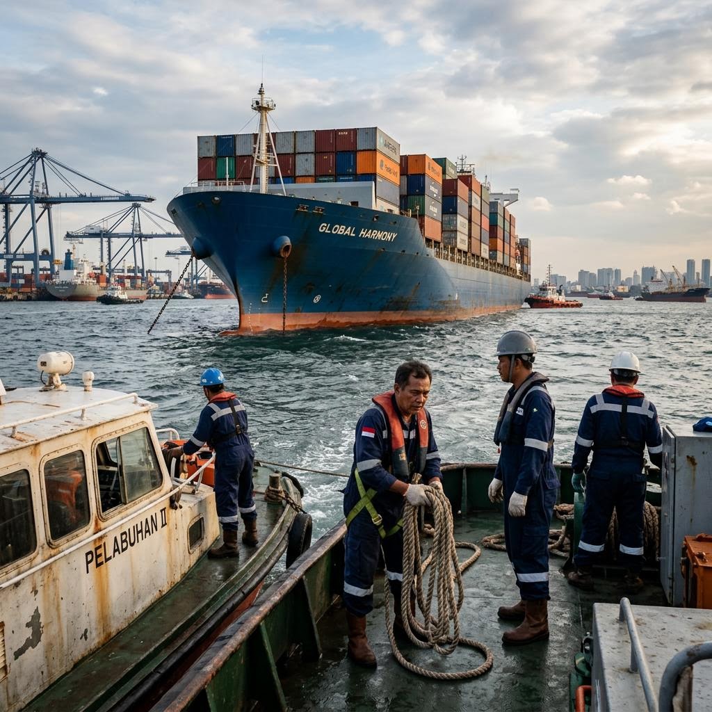 Cargo ship at anchor waiting outside a port