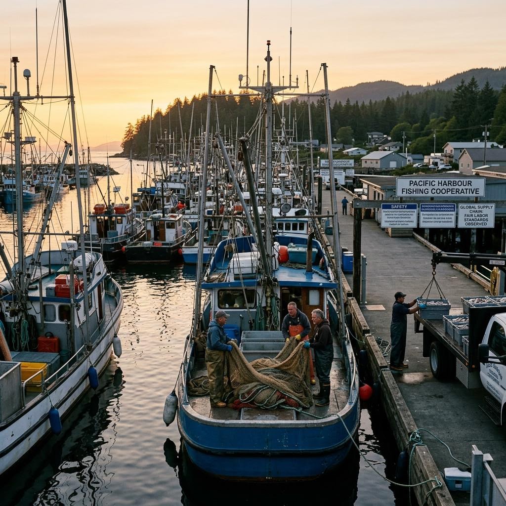 Fishing vessels moored in a Pacific harbour