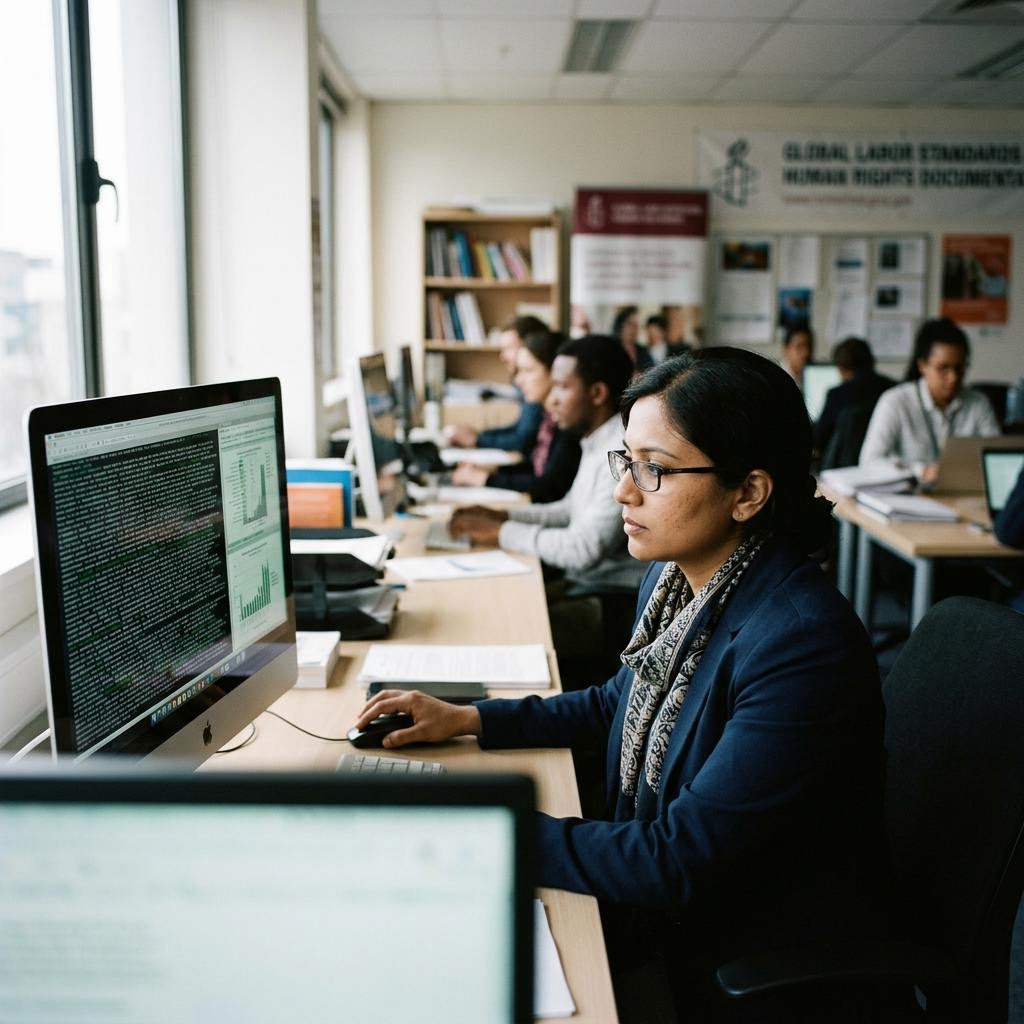 Researcher analysing document text patterns on screen