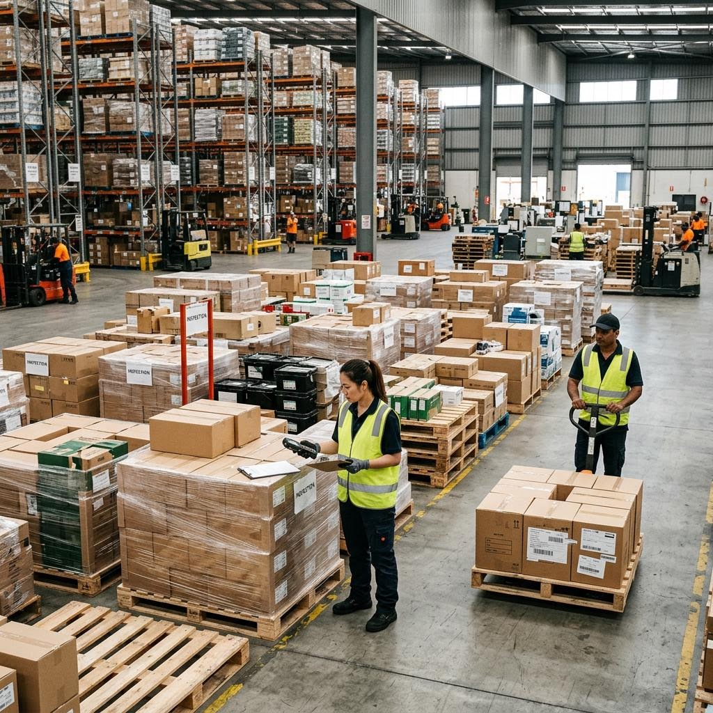 Distribution warehouse with pallets awaiting inspection
