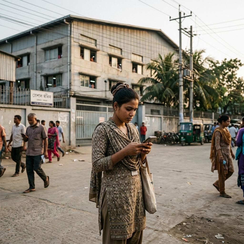 Garment worker using a mobile phone outside a factory